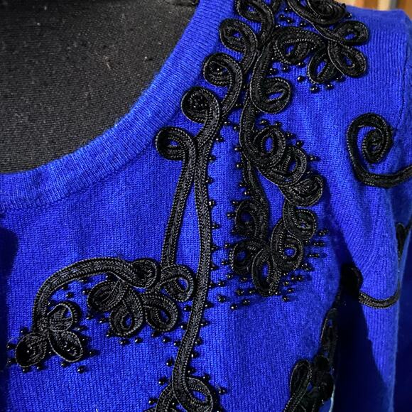 Cable & Gauge Blue Cardigan with Black Ribbon and Beaded Detail, Sz S - Picture 9 of 10